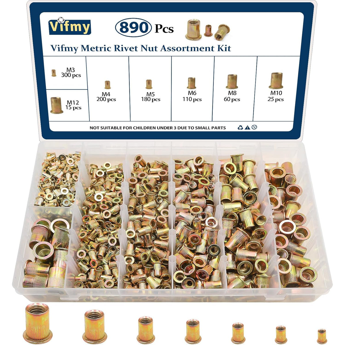Vifmy Metric & SAE Rivet Nut Assortment Kit(420 Pcs),m3 m4 m5 m6 m8 m10 m12#6-32#8-32#10-24 1/4"-20 5/16"-18 3/8"-16 UNC Flat Head Rivnut Set,Zinc Plated Finish Carbon Steel Nutsert - PuriLite