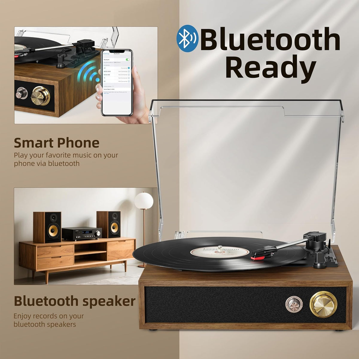 Record Player, FYDEE Vinyl Player with Bluetooth 3-Speed Turntable for Vinyl Records (33/45/78 RPM) with Built-in Bluetooth Receiver & Transmitter, RCA Out/USB in, Dust Cover (Ebony) - PuriLite