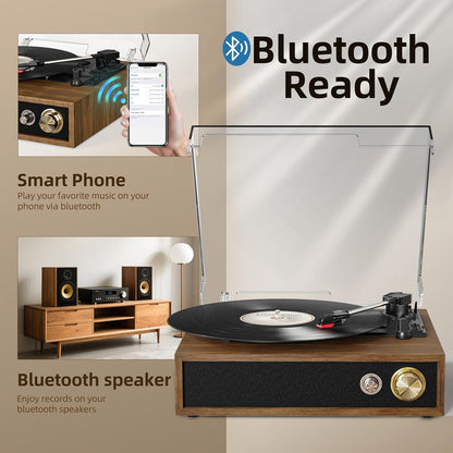 Record Player, FYDEE Vinyl Player with Bluetooth 3-Speed Turntable for Vinyl Records (33/45/78 RPM) with Built-in Bluetooth Receiver & Transmitter, RCA Out/USB in, Dust Cover (Ebony) - PuriLite