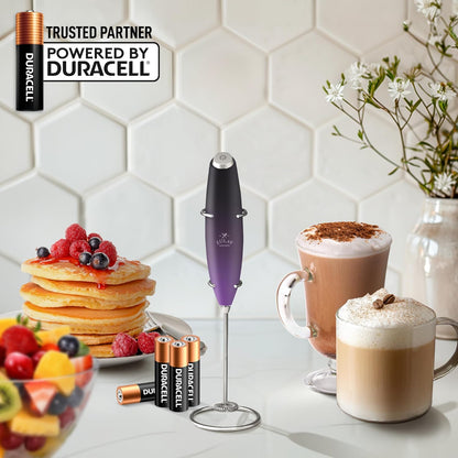 Zulay Kitchen Powerful Double Whisk Milk Frother Handheld - Foam Maker with Stand - Whisk Drink Mixer for Coffee, Mini Foamer for Latte, Matcha, Frappe, Hot Chocolate & Cappuccino (Black) - PuriLite