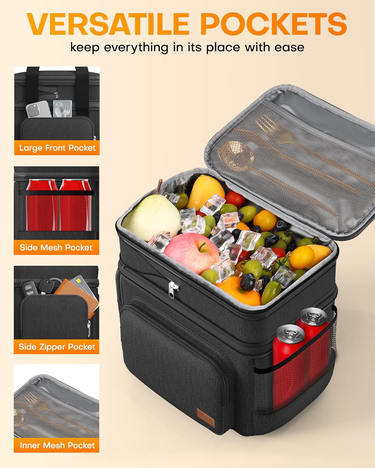 HOTOR Lunch Box for Men and Women - Leak-Proof Insulated Lunch Bag with Adjustable Shoulder Strap, Cooler Lunch Bag for Office, Picnic, Hiking, Beach, 1 Layer, Black, 11.0" x 7.1" x 8.3" - PuriLite
