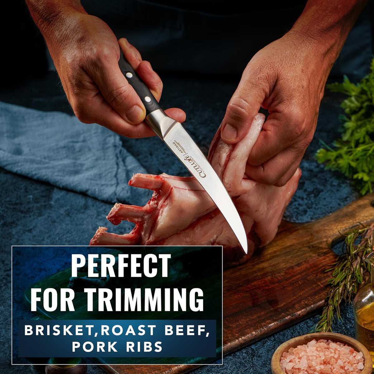 Cutluxe Curved Boning Knife – 6" Boning Knife for Meat Cutting, Fillet Knife – High Carbon German Steel, Full Tang & Ergonomic Handle Design – Artisan Series - PuriLite