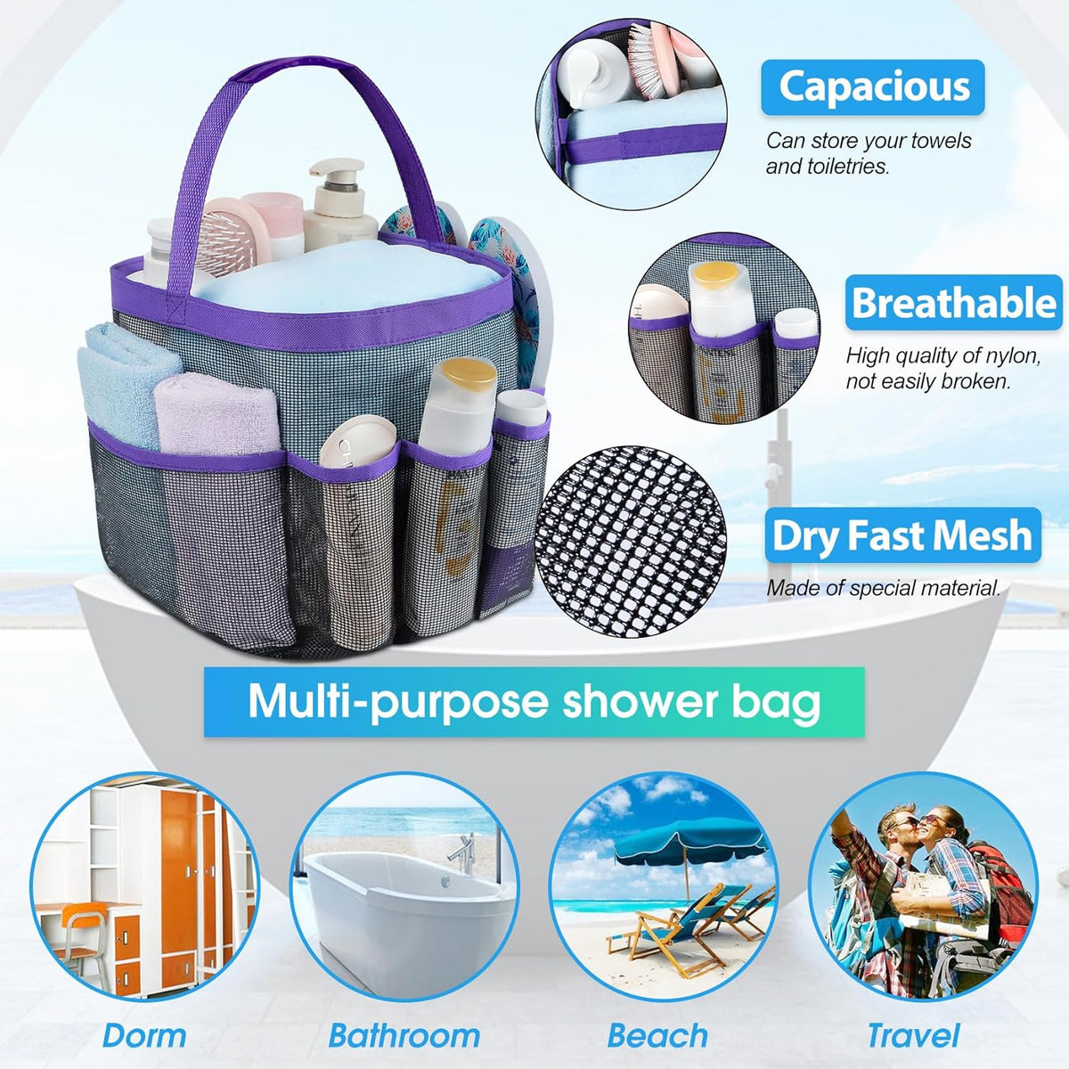 Attmu Mesh Shower Caddy Portable for College Dorm Room Essentials with 8 Pockets, Hanging Shower Caddy Basket Tote Bag Toiletry Accessories for Bathroom - PuriLite