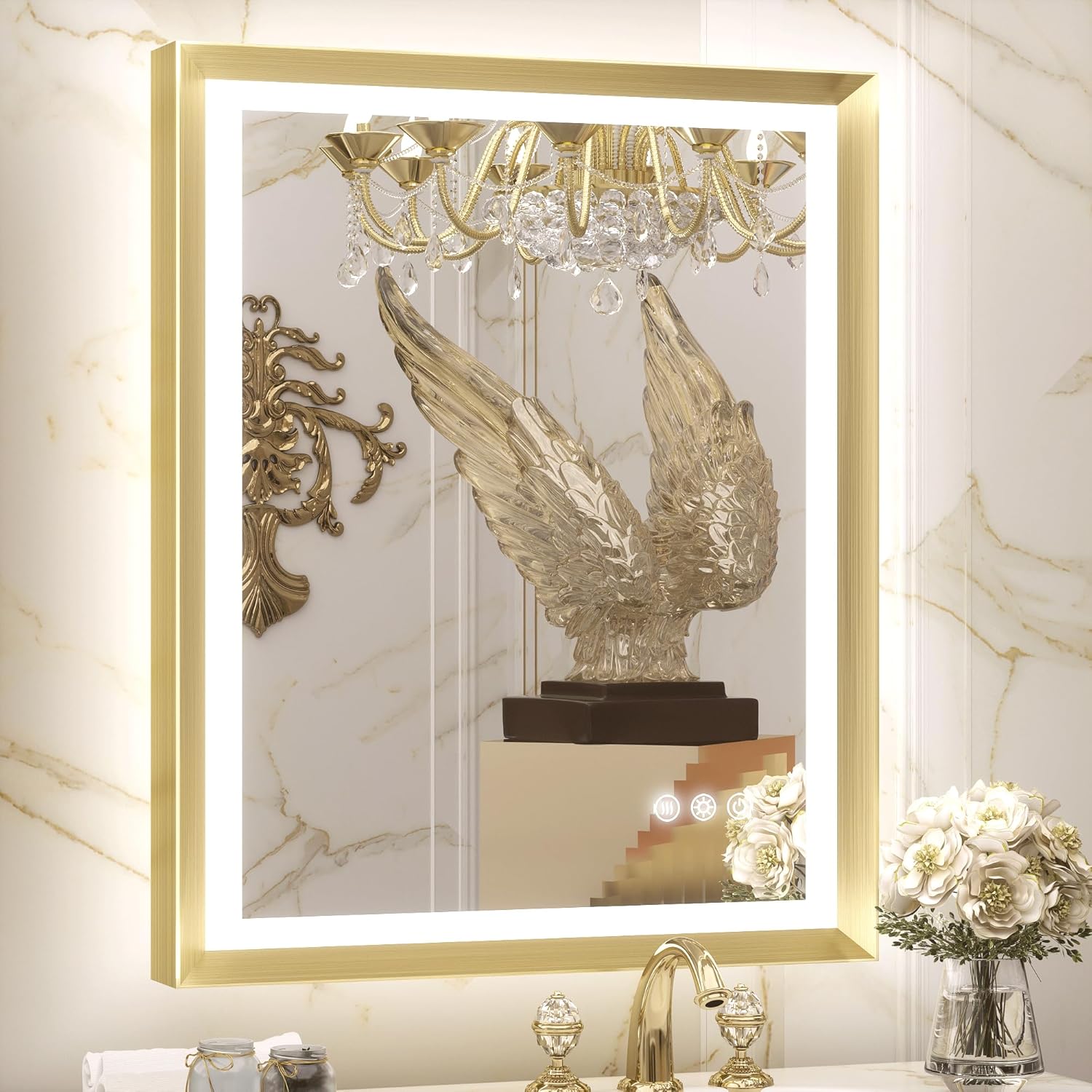 TETOTE 28x36 LED Mirror for Bathroom Black Metal Frame Frontlit & Backlit Lighted Vanity Mirror Baroque Gothic Anti Fog Stepless Dimmable White/Warm/Natural,Wall Mounted(Horizontal/Vertical) - PuriLite