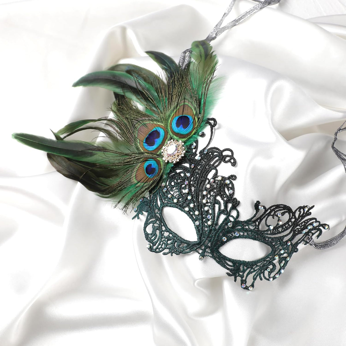 Zinniday Lace Masquerade Masks for Women - 1920s Peacock Feather Venetian Mask for Halloween Couples Mardi Gras Ball - PuriLite