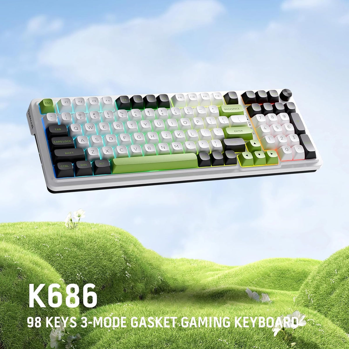 Redragon K686 PRO 98 Keys Wireless Gasket RGB Gaming Keyboard, 3-Modes Anime Mechanical Keyboard w/Hot-Swap Socket, Dedicated Knob Control & Sound Absorbing Pads, Custom Hi-Fi Linear Switch - PuriLite