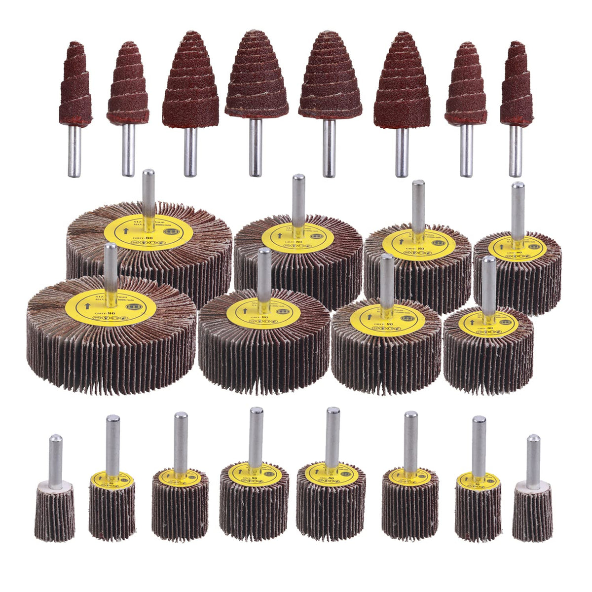 AOKLIT 24 Pcs 80 Grit 1/4inch Abrasive Flap Wheel Sander Set,Aluminum Oxide Flap Wheels Cylindrical Cone Shape Sanding Wheel for Remove Rust and Weld Burr - PuriLite