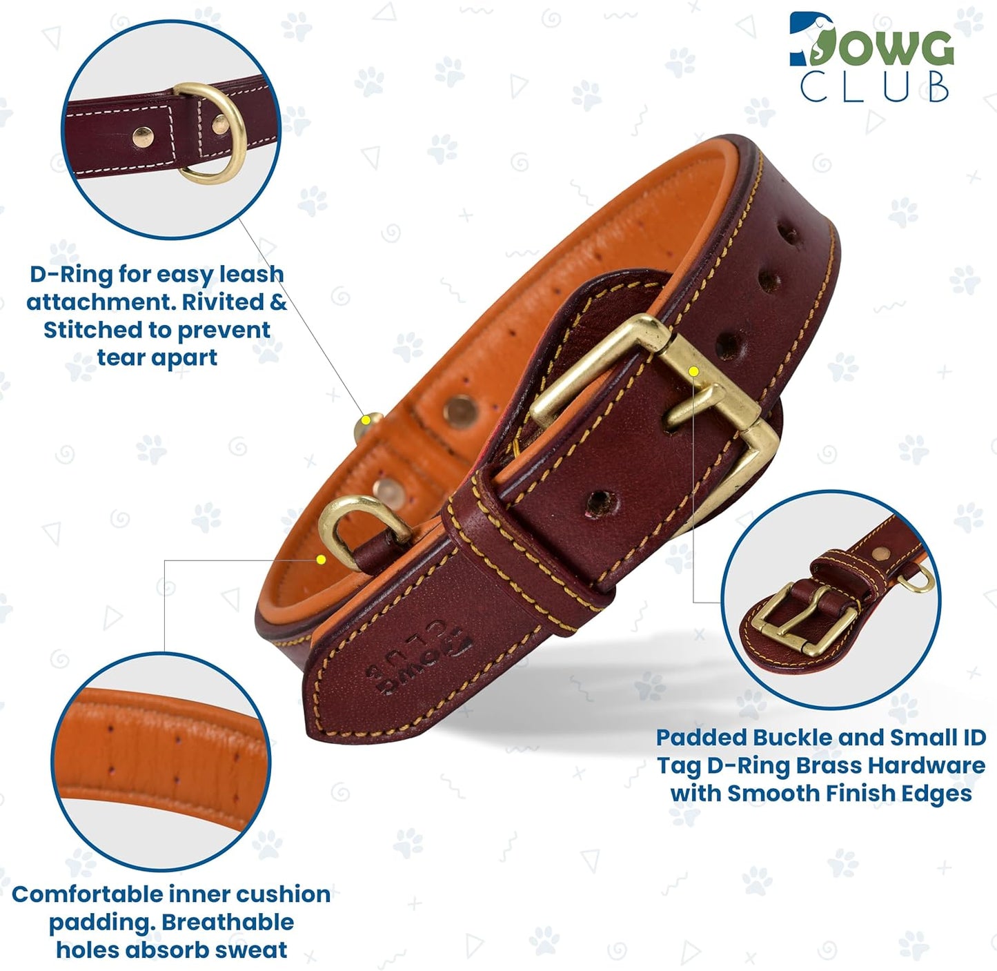 DowgClub | Genuine Leather Dog Collar | Full Grain, Heavy Duty | Comfortable, Strong | Best for Pups, Small, Medium & Large Breeds | Pink, Brown, Black, Tan - PuriLite