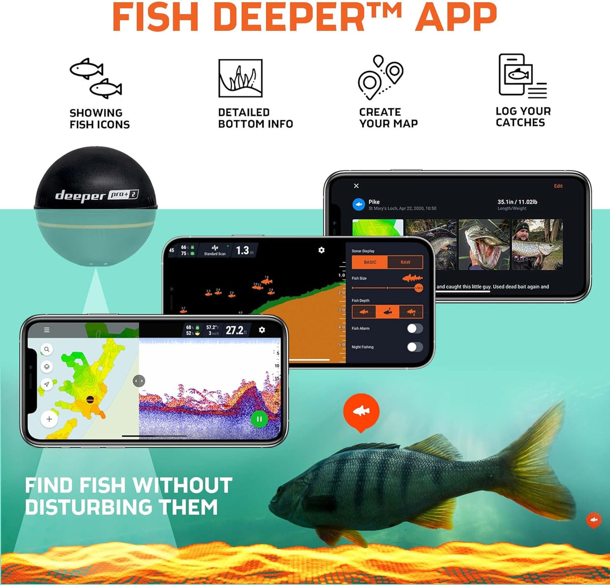 Deeper PRO+ 2 Sonar - Portable Fish Finder and Depth Finder for Kayaks, Boats and Ice Fishing with GPS Enabled | Castable Deeper Sonar with Free User Friendly App - PuriLite