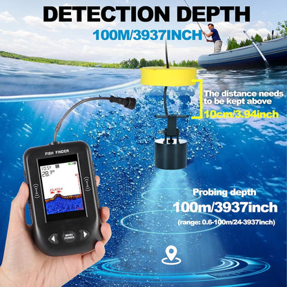 Portable Fish Finder, Water Handheld Fish Depth Finder Sonar Kayak Boat Fishfinder Transducer Fishing LCD Display - PuriLite