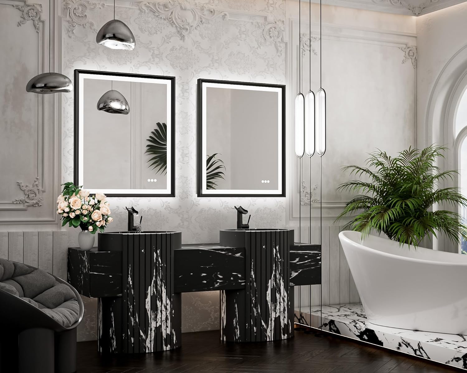 TETOTE 28x36 LED Mirror for Bathroom Black Metal Frame Frontlit & Backlit Lighted Vanity Mirror Baroque Gothic Anti Fog Stepless Dimmable White/Warm/Natural,Wall Mounted(Horizontal/Vertical) - PuriLite