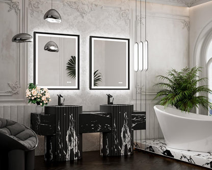 TETOTE 28x36 LED Mirror for Bathroom Black Metal Frame Frontlit & Backlit Lighted Vanity Mirror Baroque Gothic Anti Fog Stepless Dimmable White/Warm/Natural,Wall Mounted(Horizontal/Vertical) - PuriLite