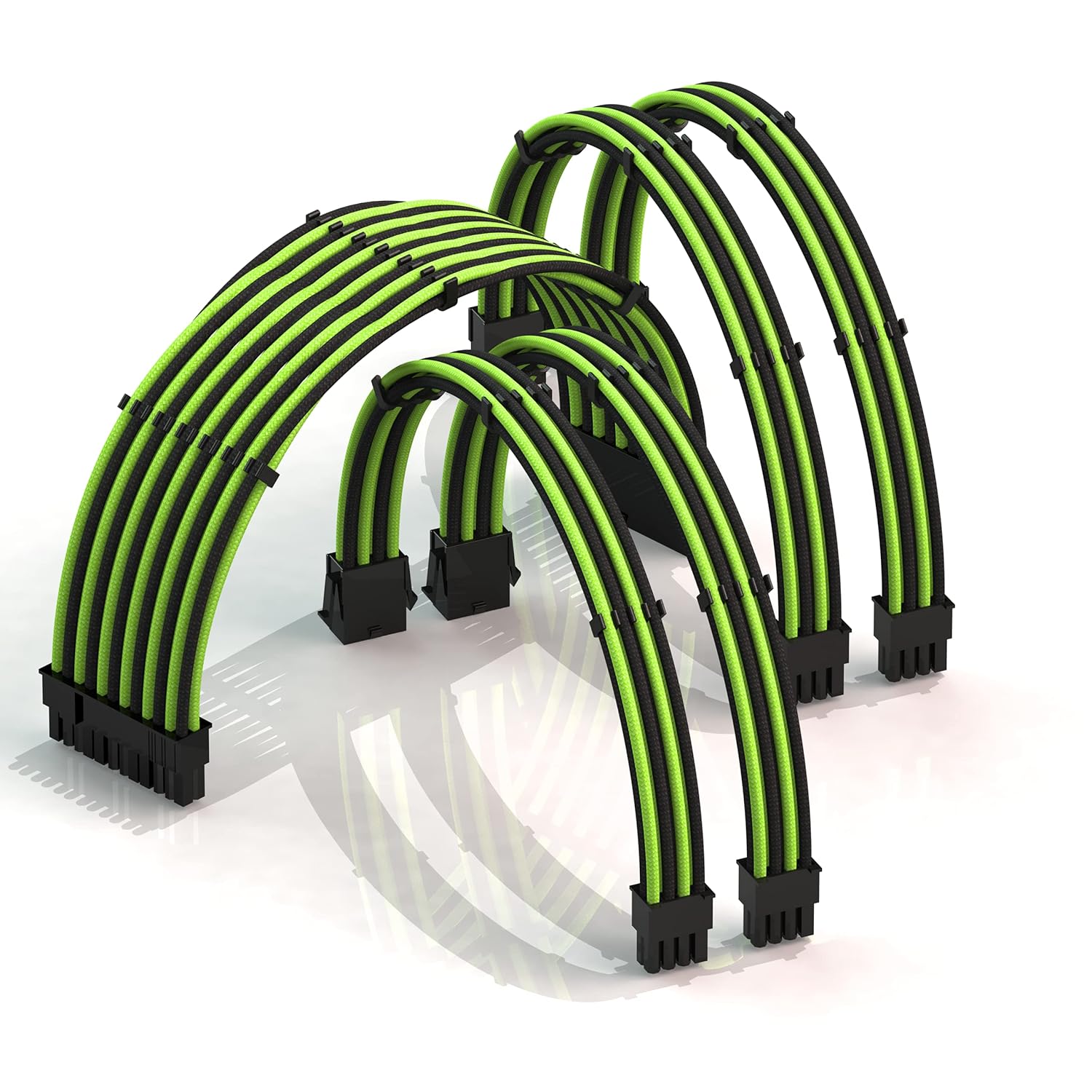 LINKUP - 30cm Super Soft and Flexible PSU Cable Extension Sleeved Custom Mod GPU PC Braided w/Comb Kit | 1 x 24 P (20+4) | 2 x 8 P (4+4) CPU | 2 x 8 P (6+2) GPU Set | 300mm - Blackgreen - PuriLite