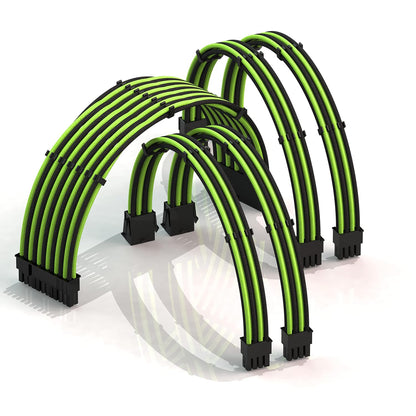 LINKUP - 30cm Super Soft and Flexible PSU Cable Extension Sleeved Custom Mod GPU PC Braided w/Comb Kit | 1 x 24 P (20+4) | 2 x 8 P (4+4) CPU | 2 x 8 P (6+2) GPU Set | 300mm - Blackgreen - PuriLite
