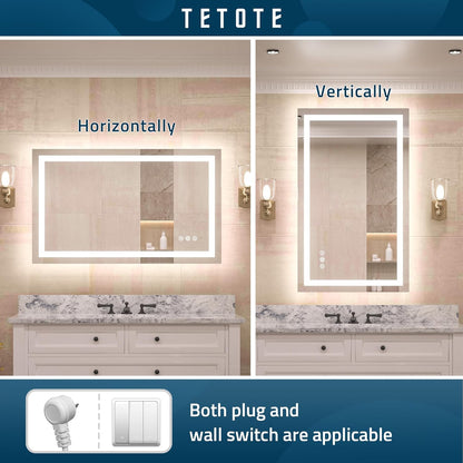 TETOTE LED Bathroom Mirror 20x28 Frontlit & Backlit Lighted Vanity Mirror Anti Fog Stepless Dimmable 3 Colors White/Warm/Natural,Double Lights,Wall-Mounted(Horizontal/Vertical) - PuriLite