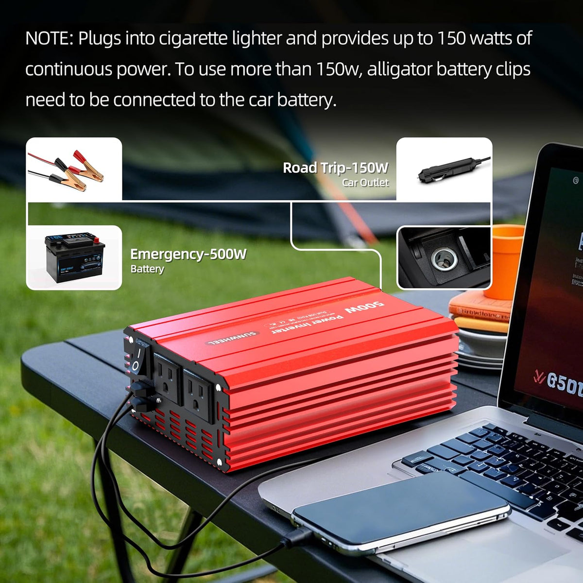 SUNWHEEL 500W Power Inverter DC 12V to 110V AC Car Inverter with 2 x 3.1A USB Ports and Dual AC Outlet, Equipped with 1 Cigarette Lighter and 2 Battery Clamps for Road Trip and Camping - PuriLite