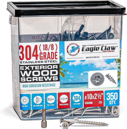 #10 x 3 Inch Stainless Steel Deck Screws 350 Pieces | T25 Star Torx Drive Flat Head | 304 Grade Stainless Steel Wood Screws High Corrosion Resistance by Allen's Trading Co. Eagle Claw Fasteners - PuriLite