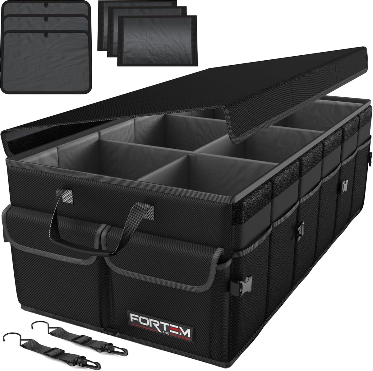 FORTEM Car Trunk Organizer, Collapsible Multi Compartment Car Organizer, Foldable SUV Storage for Car Accessories for Women Men, Non Slip Bottom, Securing Straps, Soft Cover 50L (Black, Standard) - PuriLite
