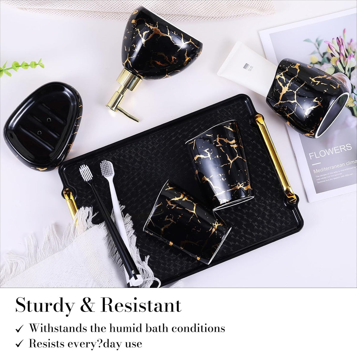 White Bathroom Accessories Set,Modern Countertop Bathroom Decor,Luxury 6 Piece Bathroom Accessory Set,Complete with Soap Dispenser,Toothbrush Holder,Tumbler,Tray - PuriLite
