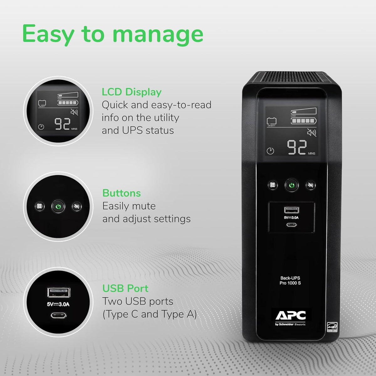 APC BR1000MS Sine Wave UPS Battery Backup & Surge Protector, 1000VA, Backups Pro, Black - PuriLite