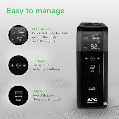 APC BR1000MS Sine Wave UPS Battery Backup & Surge Protector, 1000VA, Backups Pro, Black - PuriLite