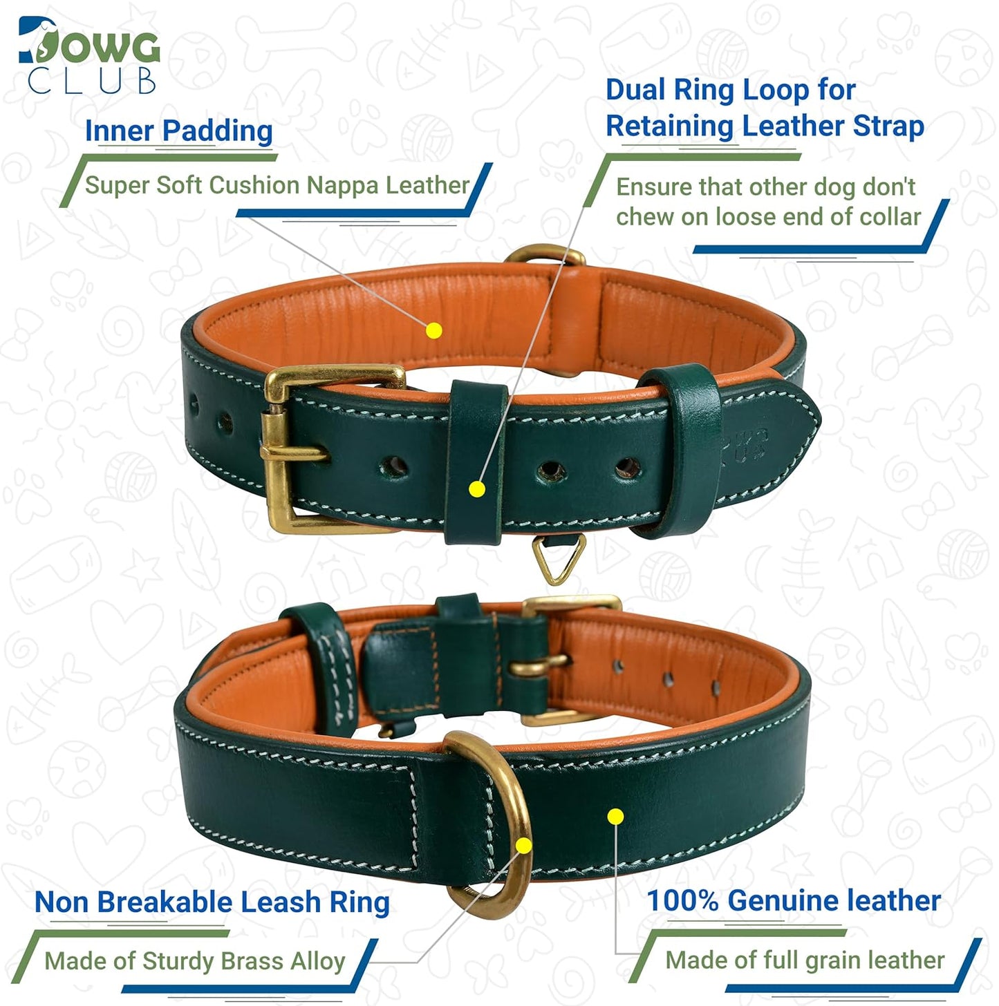 DowgClub | Genuine Leather Dog Collar | Full Grain, Heavy Duty | Comfortable, Strong | Best for Pups, Small, Medium & Large Breeds | Pink, Brown, Black, Tan - PuriLite