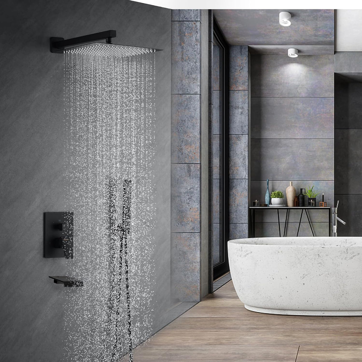 Fransiton Shower System Rain Shower System Set Ceiling Mounted, Rainfall Shower Head with Handheld, Bathroom Shower Kit (Valve Included) (8" - Wall Mount, Matte Black) - PuriLite