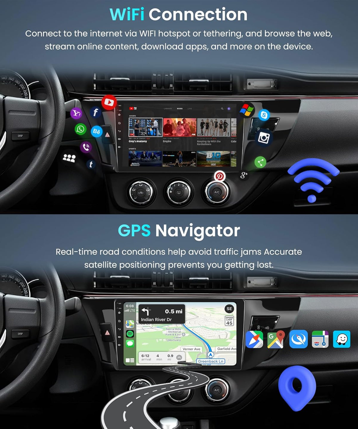4+64G Android Car Radio Stereo for Toyota Corolla/Levin 2014-2017 with Wireless Carplay Android Auto, 10'' Touch Screen with Bluetooth GPS Navigation Mirror Link WiFi FM/RDS DSP AHD Backup Camera SWC - PuriLite