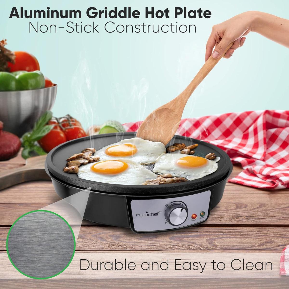 NutriChef Electric Crepe Maker, Cooks Roti, Tortillas, Pancakes, Nonstick Cooktop, 8-inch Cook Area On/Off Switch, Automatic Temperature Control & Cool Touch Handle, Includes Food Bowl, Whisk, Spatula - PuriLite