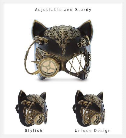 Attitude Studio Steampunk Cat Ears Half Mask Robot Monocles Costume - Gold - PuriLite