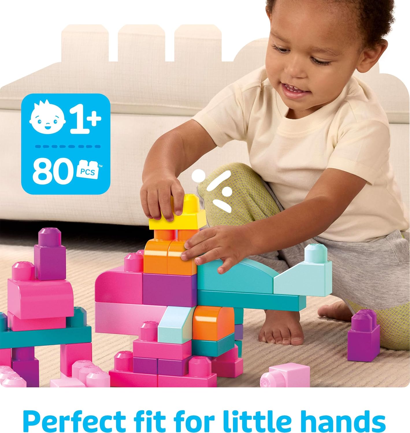 MEGA BLOKS First Builders Toddler Blocks Toys Set, Big Building Bag with 80 Pieces and Storage, Blue, Ages 1+ Years - PuriLite