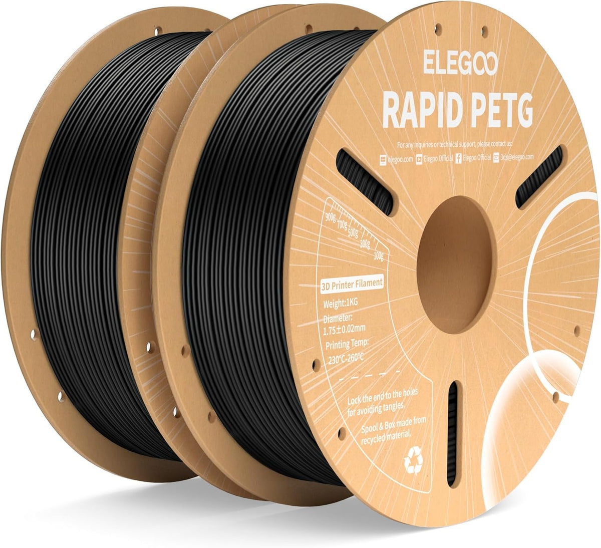 ELEGOO Rapid PETG Filament 1.75mm Black 1KG, 3D Printer Filament Max 600 mm/s High Speed Printing, Dimensional Accuracy +/- 0.02 mm Fit Most FDM Printer 1kg Cardboard Spool - PuriLite