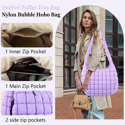 Quilted Puffer Tote Bag Large Crossbody Shoulder Bag with Zipper, Nylon Hobo Oversized Handbag - PuriLite