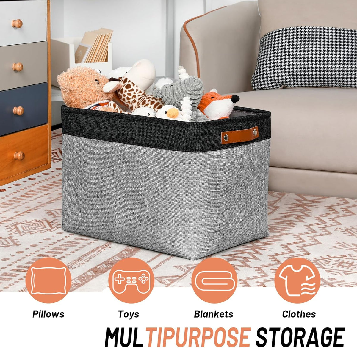 DULLEMELO Storage Baskets for Shelves, Fabric Collapsible Rectangular Storage Bins for Shelves, Closets, Nursery, Home, Office, Empty Gift Baskets (White&Teal) - PuriLite