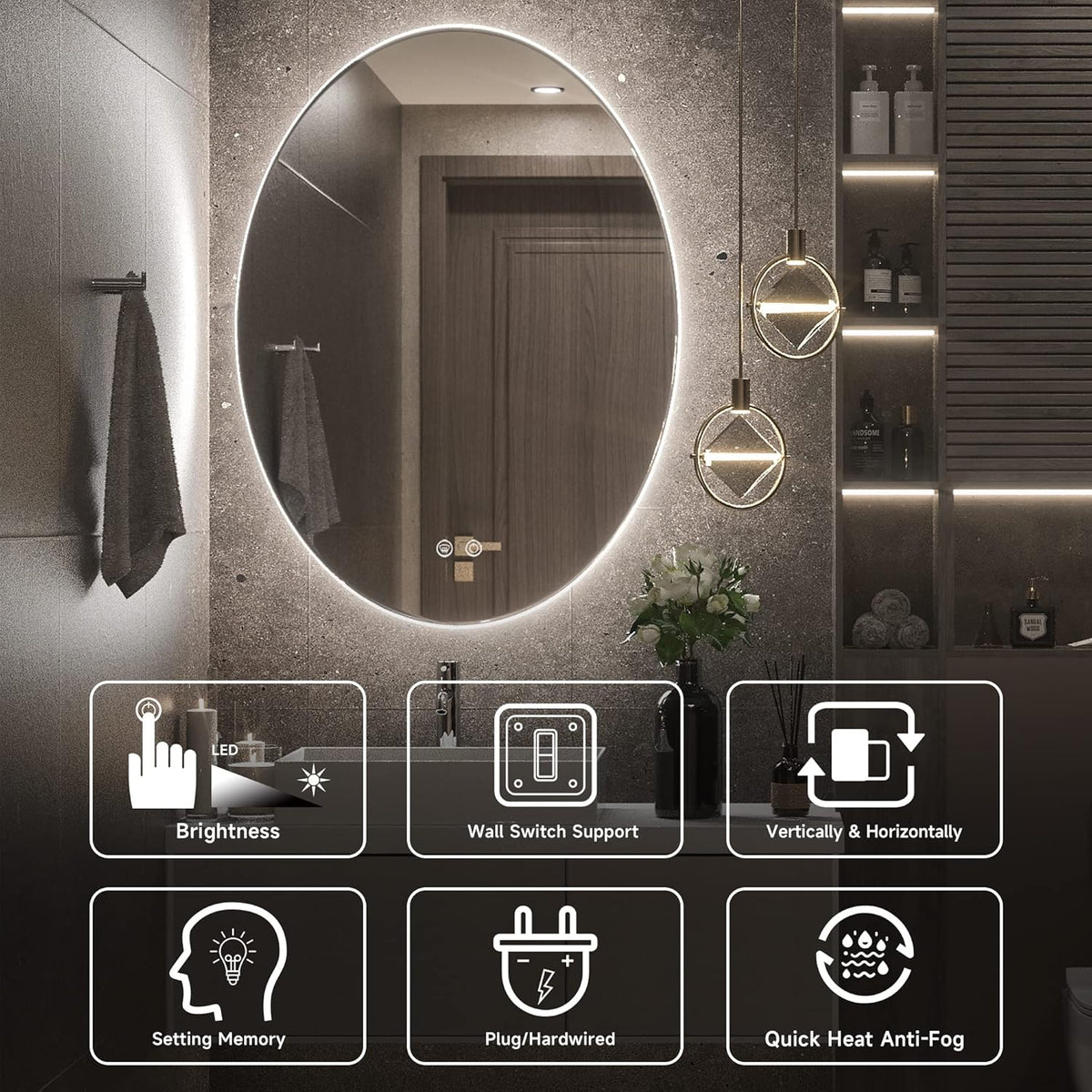 TETOTE 28 Inch Round LED Bathroom Vanity Mirror, Anti-Fog Dimmable Lights IP54 Waterproof Circle Makeup Wall Mounted Mirror - PuriLite