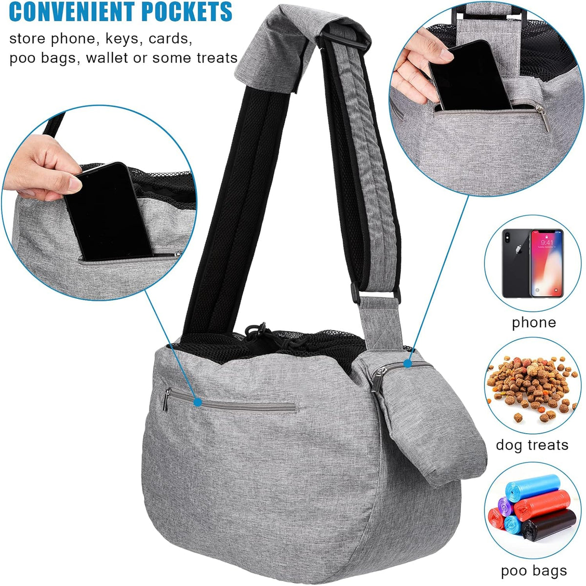 Ownpets Pet Dog Sling Carrier Bag Adjustable Padded Strap Dog Hand Free Safe Mesh Pet Carrier for Small Medium Dog Cat, Fit 10lbs up to 20 Pounds - PuriLite