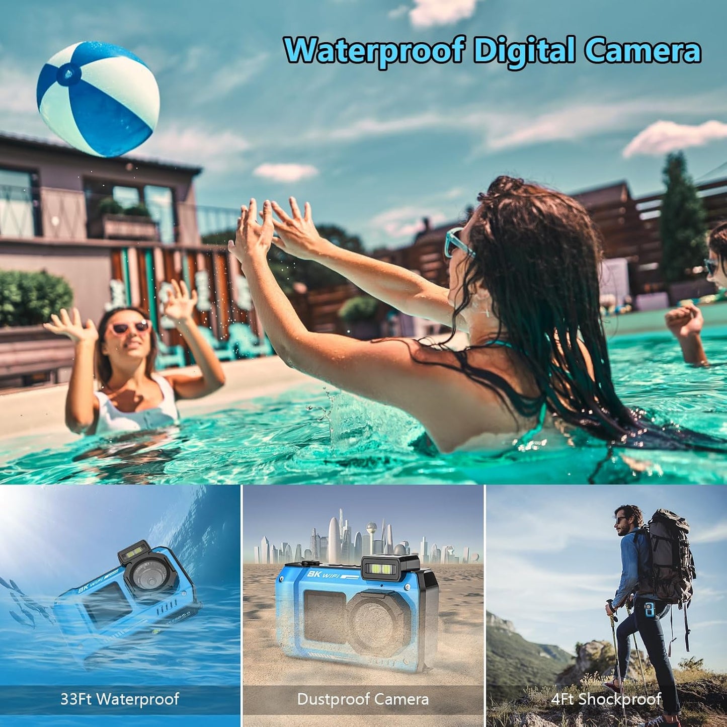 UHD 8K Underwater Camera, 70MP 33FT WiFi Waterproof Digital Camera with 64GB Card, Auto Focus Waterproof Dual-Screen Selfie 2500mAh Battery, 18X Floatable Digital for Snorkeling - PuriLite