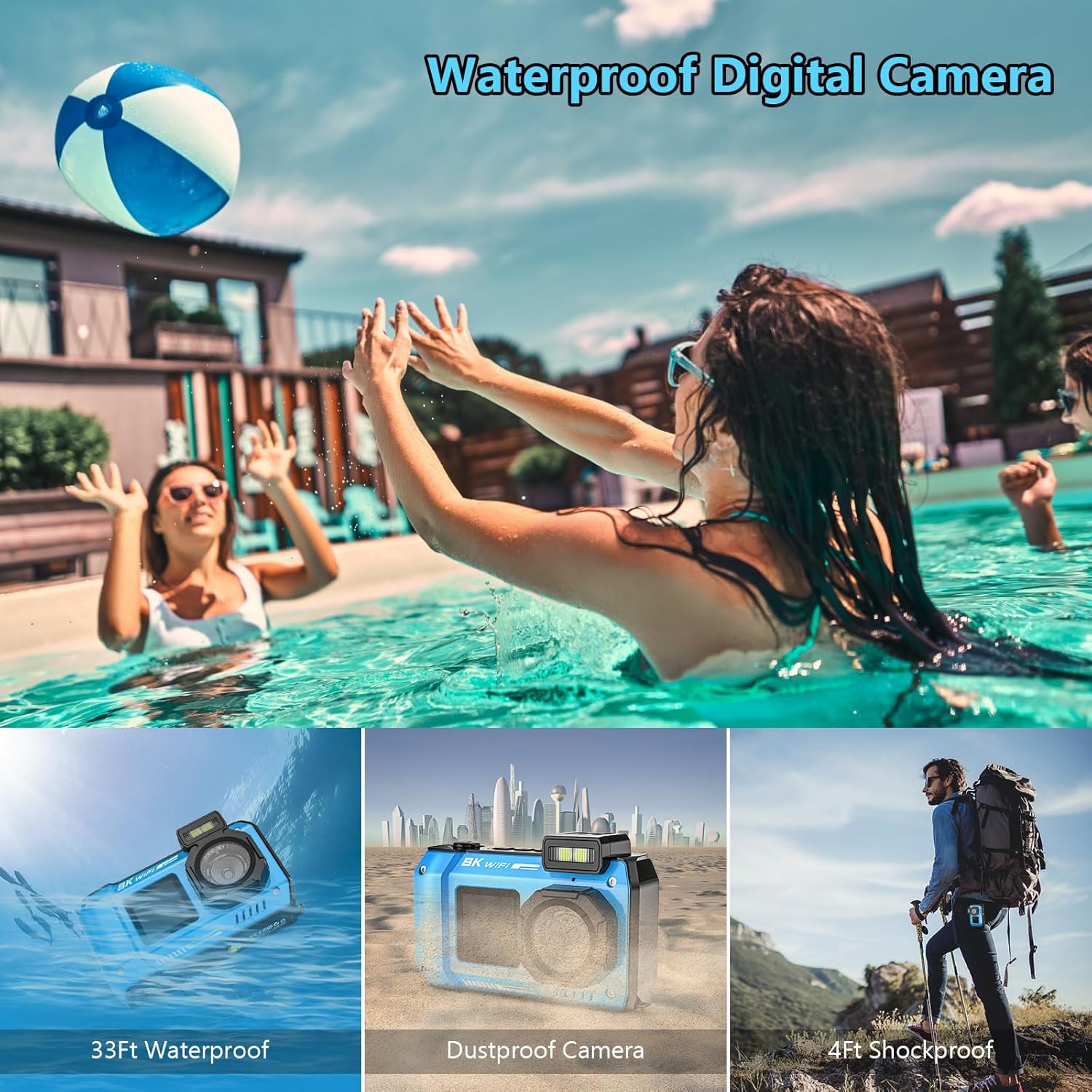 UHD 8K Underwater Camera, 70MP 33FT WiFi Waterproof Digital Camera with 64GB Card, Auto Focus Waterproof Dual-Screen Selfie 2500mAh Battery, 18X Floatable Digital for Snorkeling - PuriLite
