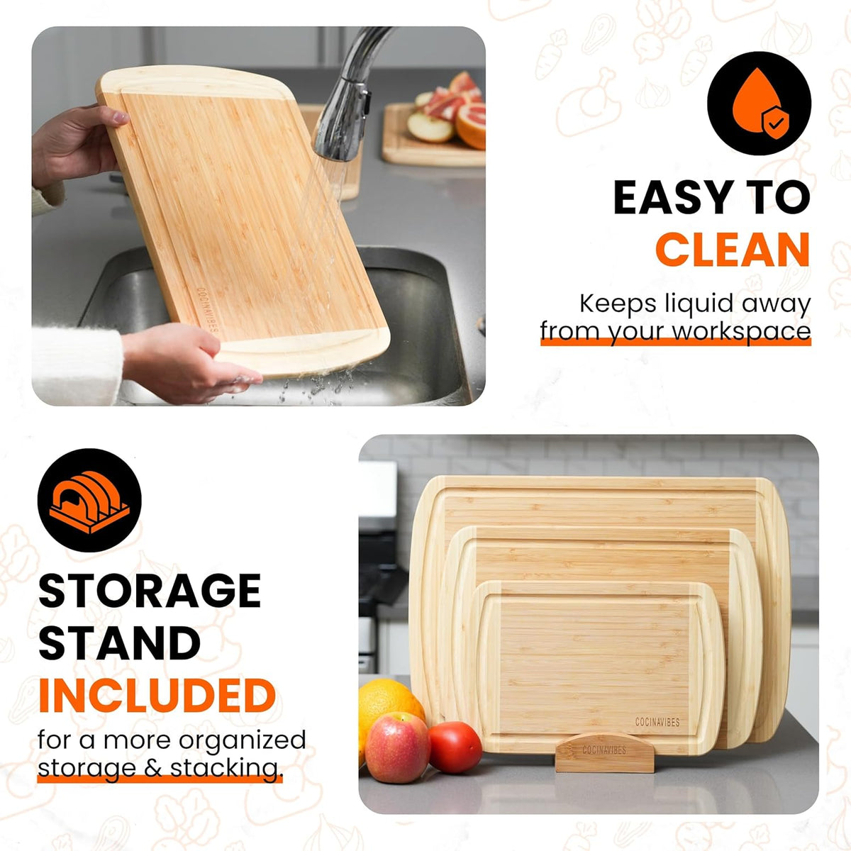 Bamboo Cutting Board Set – Non-Toxic Charcuterie & Chopping Boards for Kitchen, Large & Small Sizes, Safe Cutting Boards for Meat, Cheese, Pizza – Home & Kitchen Gift Idea - PuriLite