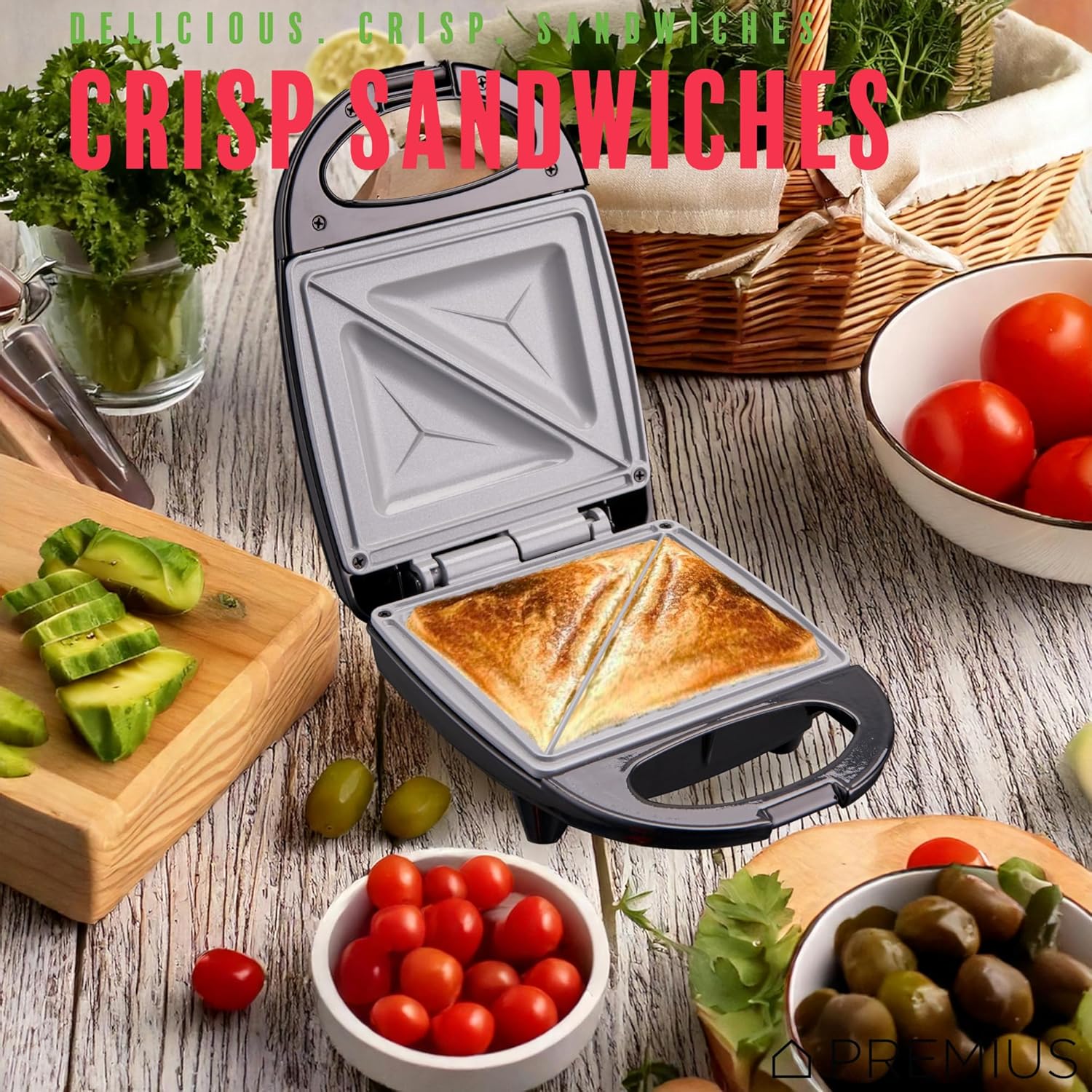 PREMIUS Ceramic NonStick Mini Snack Sandwich Maker, Indicator Light, 5x4.4 Inch Mold, Great for French Toast, Tuna Melt, Egg & Grilled Cheese, Pancake Sandwich, Desserts, Toasties, 520 W (Red) - PuriLite