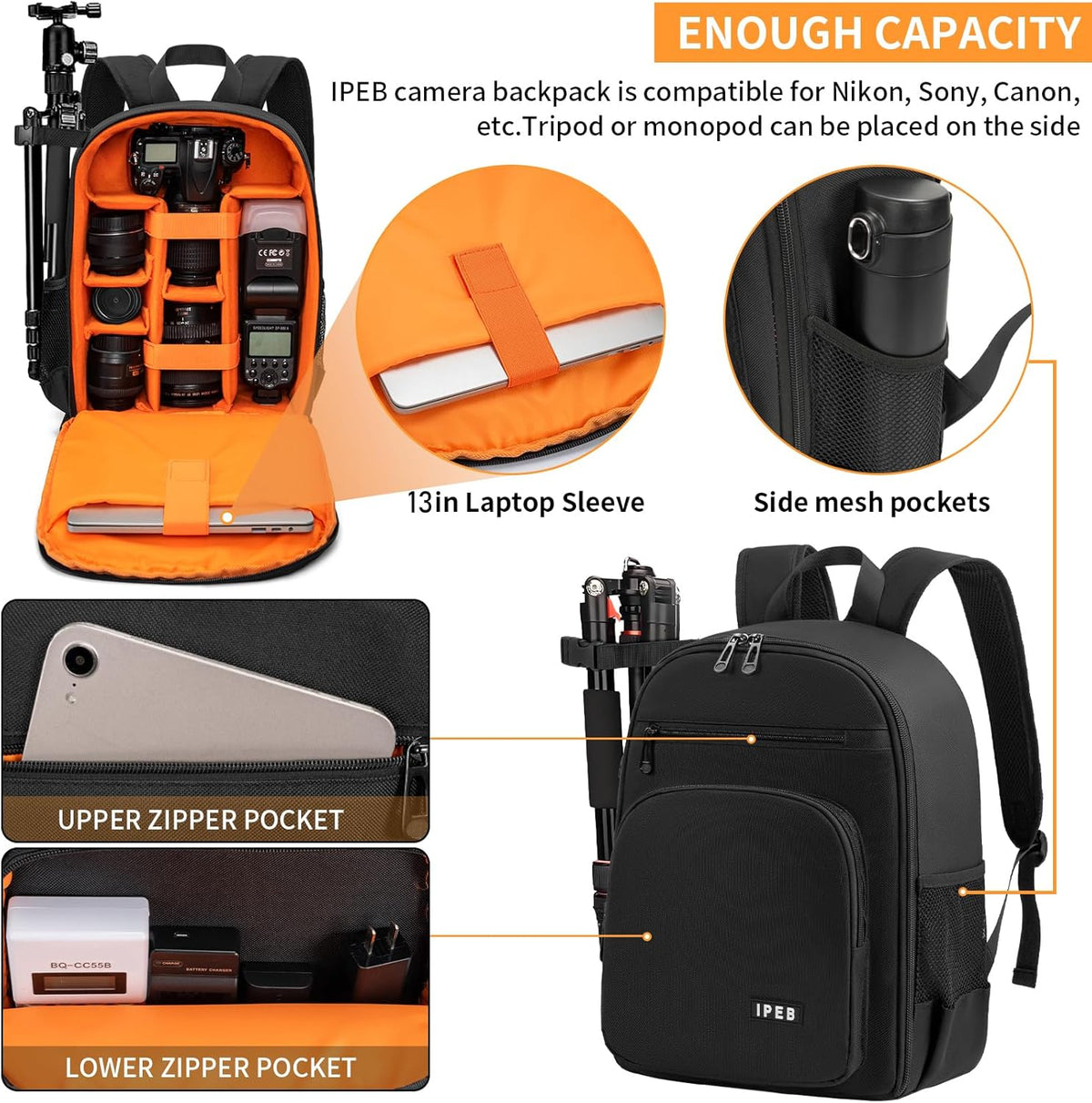 IPEB Camera Backpack Bag with Tripod Holder Water Resistant Camera Cases Photography Backpack Anti-Theft for DSLR Camera - PuriLite