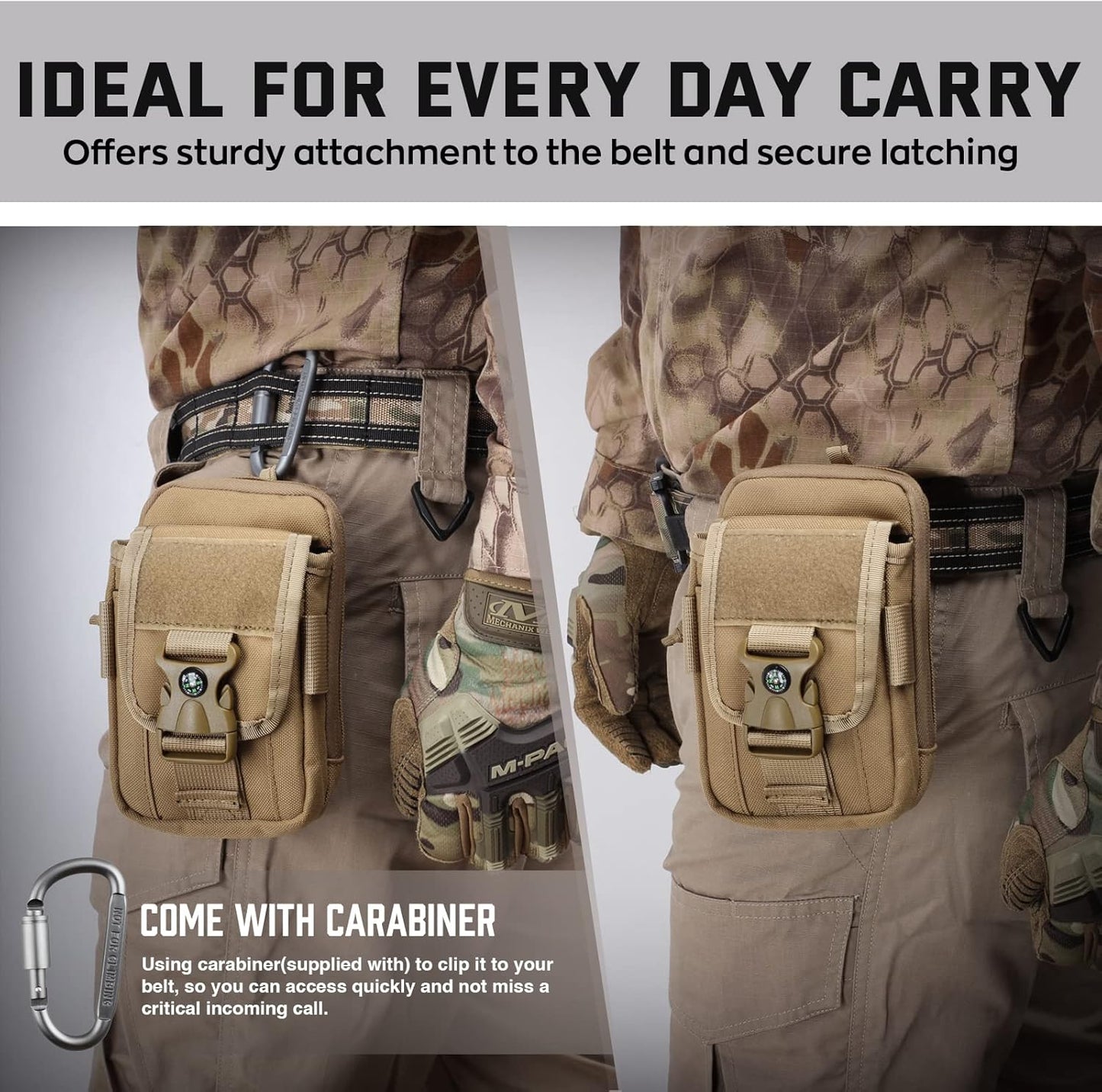 WYNEX Tactical Compass Phone Pouch, Large Molle Smartphone Holster Case Double Capacity Small Utility EDC Pouch with Compass Buckle and Carabiner - PuriLite