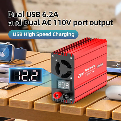 SUNWHEEL 500W Power Inverter DC 12V to 110V AC Car Inverter with 2 x 3.1A USB Ports and Dual AC Outlet, Equipped with 1 Cigarette Lighter and 2 Battery Clamps for Road Trip and Camping - PuriLite