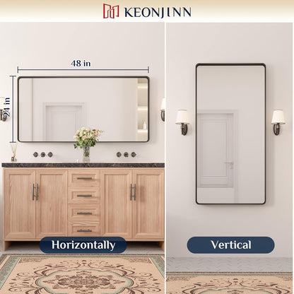 Keonjinn 42 x 36 Brushed Nickel Bathroom Vanity Mirror, Large Rounded Rectangle Bathroom Mirrors for over Sink, Metal Framed Silver Mirror for Wall, Shatterproof HD Tempered Glass(Horizontal/Vertical) - PuriLite