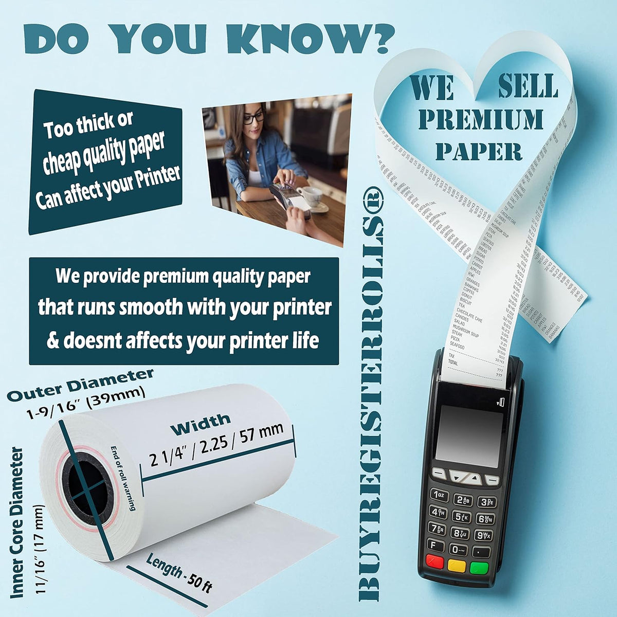(50 Rolls) 2 1/4 x 50 Thermal Paper Receipt Rolls 2.25 x 50 ft POS Cash Register fits All Credit Card Terminals - PuriLite