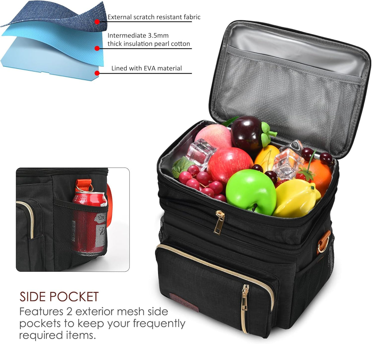 Lunch Bag for Women Men Double Deck Lunch Box - Leakproof Insulated Soft Large Lunch Cooler Bag, MIYCOO (Black,15L) - PuriLite