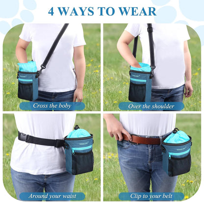 VIVAGLORY Dog Training Treat Pouch, 4Ways to Wear Dog Treat Bags, Built in Dog Waste Bag Dispenser Treats Training Bags with Reflective Adjustable Shoulder Strap, Heather Blue - PuriLite
