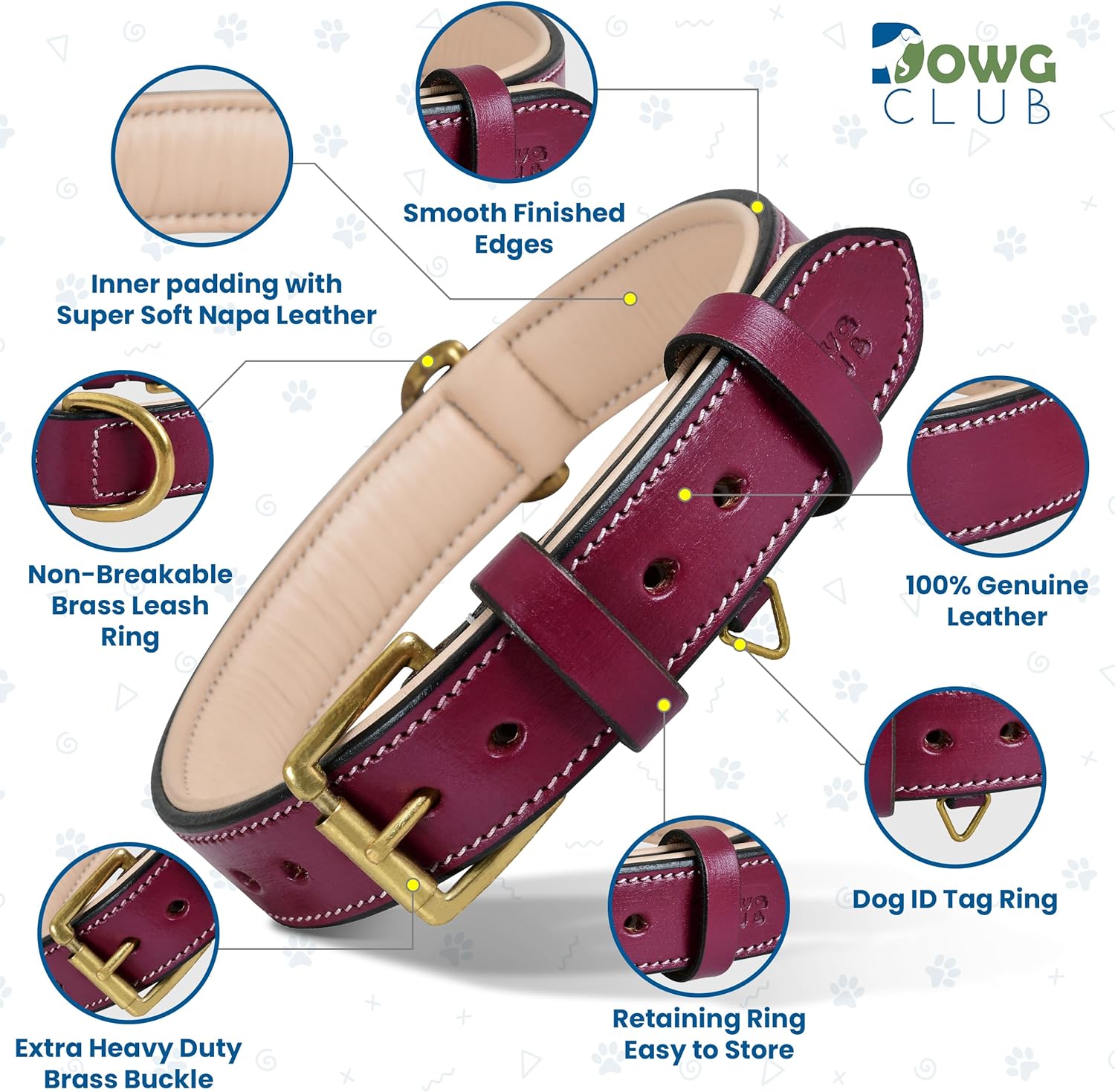 DowgClub | Genuine Leather Dog Collar | Full Grain, Heavy Duty | Comfortable, Strong | Best for Pups, Small, Medium & Large Breeds | Pink, Brown, Black, Tan - PuriLite