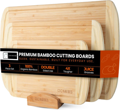 Bamboo Cutting Board Set – Non-Toxic Charcuterie & Chopping Boards for Kitchen, Large & Small Sizes, Safe Cutting Boards for Meat, Cheese, Pizza – Home & Kitchen Gift Idea - PuriLite