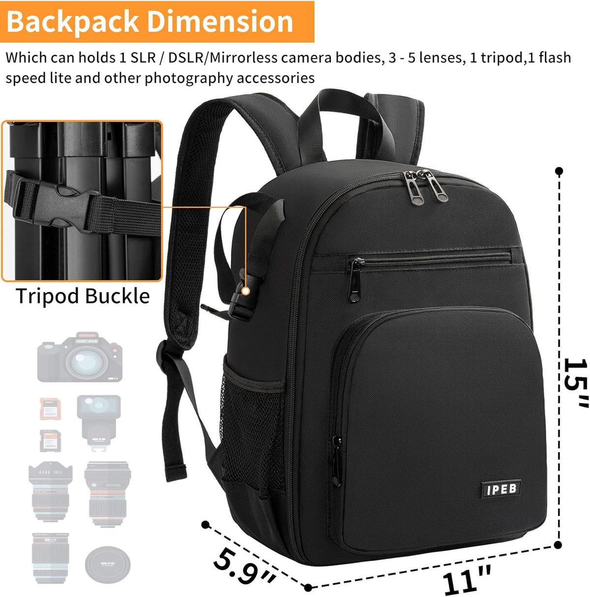 IPEB Camera Backpack Bag with Tripod Holder Water Resistant Camera Cases Photography Backpack Anti-Theft for DSLR Camera - PuriLite